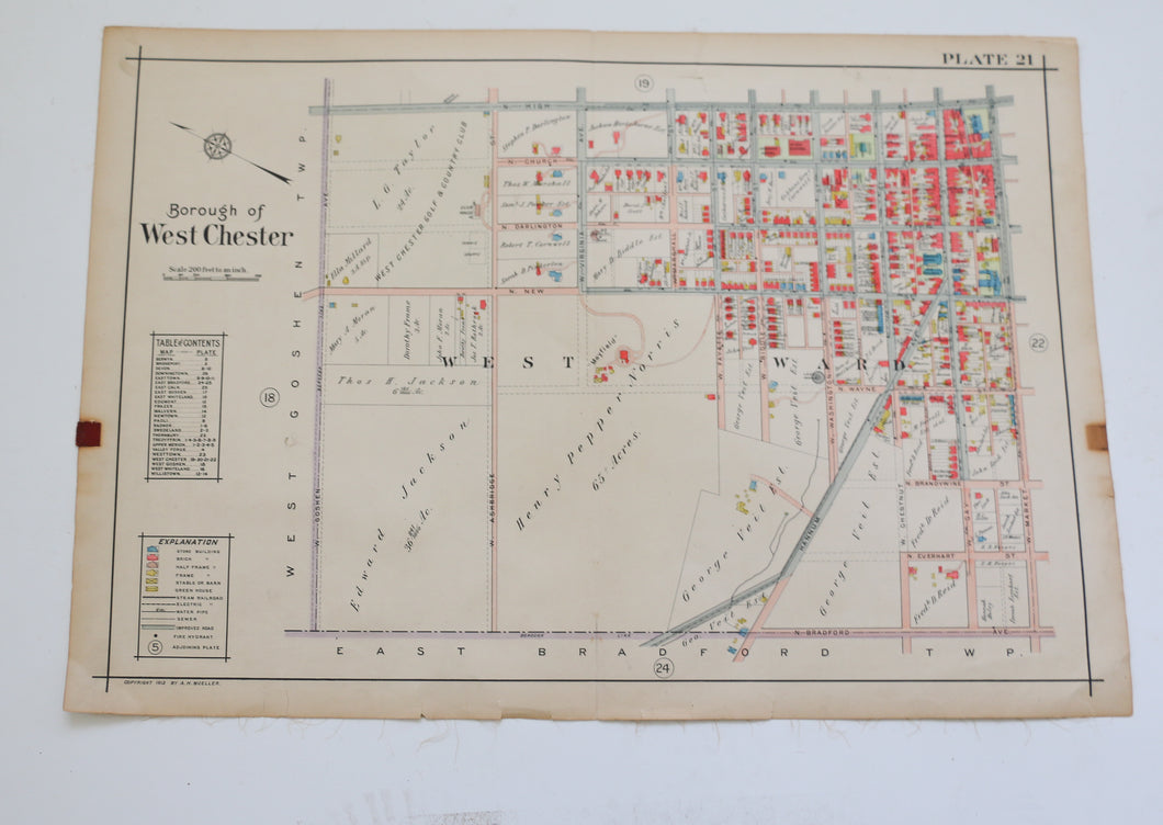 West Chester Map, Original 1912 Chester County atlas,  Devon to Downingtown