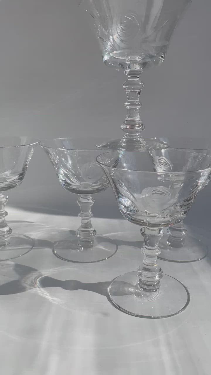 4 Vintage Etched Crystal Wine Glasses, Fostoria, Heather, c