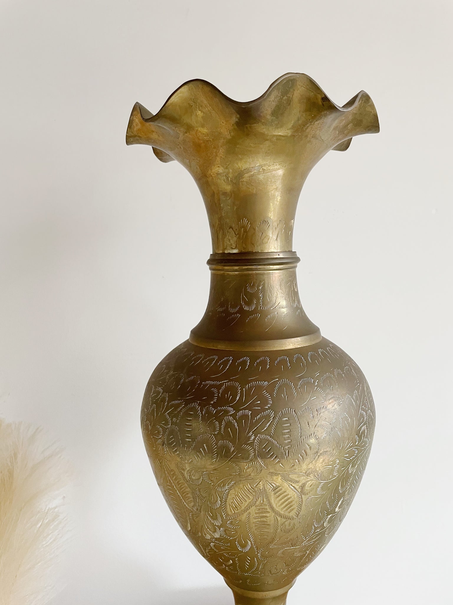 HK / UNKNOWN, Accents, Vintage Brass Etched Vase Made In India Marked Hk  2 Tall 13 Diam Polished